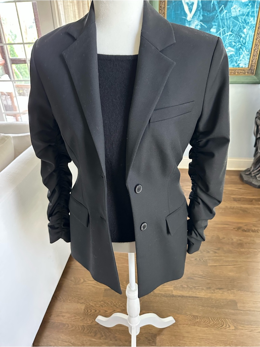 Zara Black Ruched-Sleeve Blazer